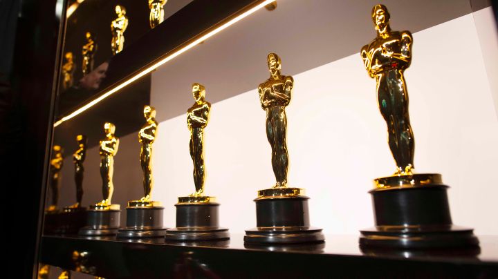 A display case of Oscars from the Academy Awards
