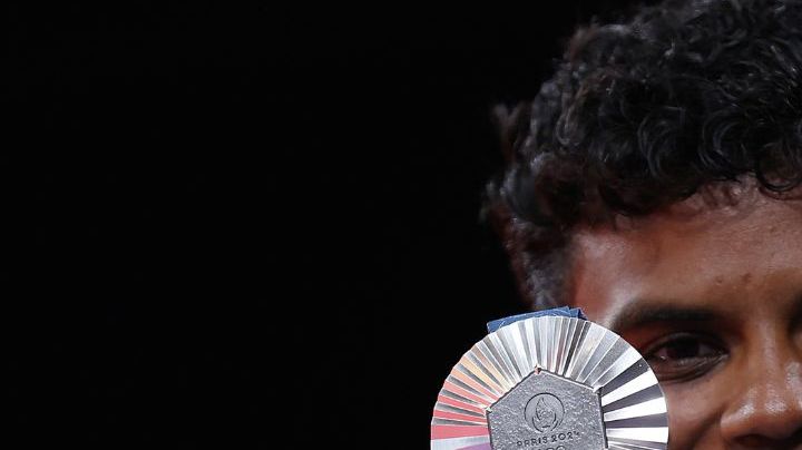 PARIS, FRANCE - JULY 30: Silver medalist Prisca Awiti Alcaraz of Team Mexico celebrates during the Women's Judo Women -63 kg medal ceremony on day four of the Olympic Games Paris 2024 at Champs-de-Mars Arena on July 30, 2024 in Paris, France. (Photo by Steph Chambers/Getty Images)